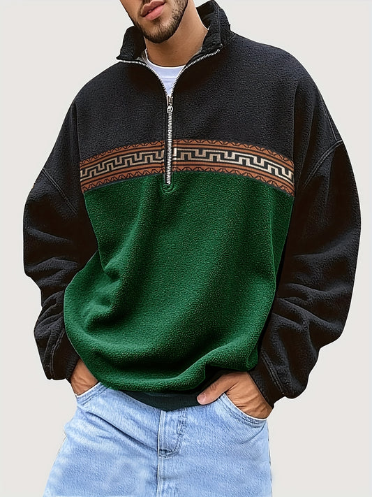 Men'S Cozy Fleece Zip-Up Hoodie with Geometric Pattern - Warm Casual Pullover in Black & Green, Loose Fit, Long Sleeves, Perfect for Fall/Winter, Winter Hoodie
