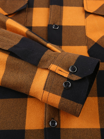 Men's Fleece-Lined Hoodie - Casual & Sporty, Plaid Pullover with Button Detail, Long Sleeve, Loose Fit for Fall/Winter