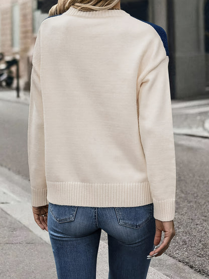 [Soft Sweater] Soft Women's Color-Block Round Neck Sweater | Relaxed Drop Shoulder Long Sleeve Pullover, Easy-Care Hand Wash/Dry Clean, Everyday Comfort Wear, Drop Shoulder Style, Quality Craftsmanship, Spring Fashion, Chic Knitwear, Lightweight