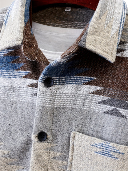 Various Pattern Men's Casual Long Sleeve Lapel Shirt, Men's Thick Outwear For Fall Winter
