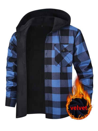 Men's Fleece-Lined Hoodie - Casual & Sporty, Plaid Pullover with Button Detail, Long Sleeve, Loose Fit for Fall/Winter