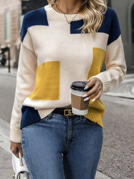 [Soft Sweater] Soft Women's Color-Block Round Neck Sweater | Relaxed Drop Shoulder Long Sleeve Pullover, Easy-Care Hand Wash/Dry Clean, Everyday Comfort Wear, Drop Shoulder Style, Quality Craftsmanship, Spring Fashion, Chic Knitwear, Lightweight