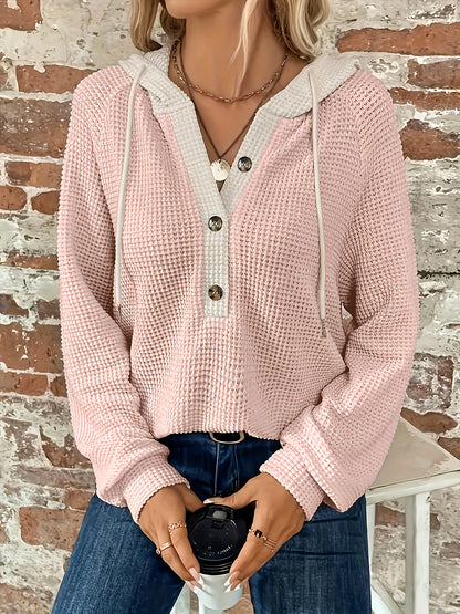 Color Block Button Front Drawstring Hoodie, Casual Long Sleeve Hoodie Sweatshirt, Women's Clothing