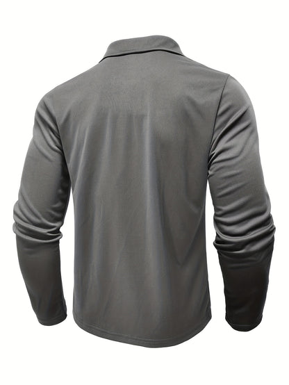 2024 Fall Casual Men'S Long Sleeve Polo Shirt with Color Block Design, Polyester Knit Fabric, Regular Fit, Half Placket, and Slight Stretch