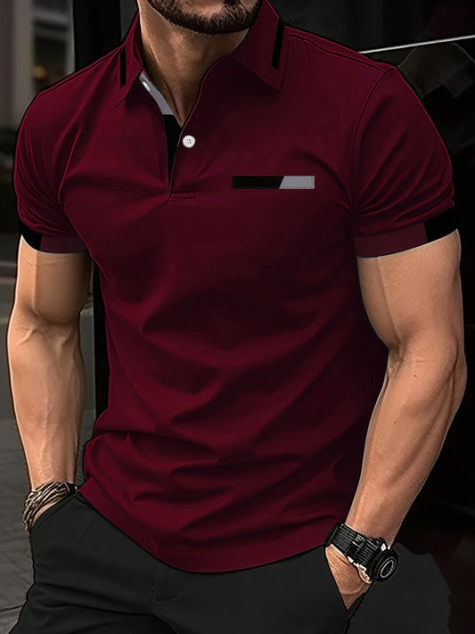Men'S Casual Print Short-Sleeve Polo Shirt - Light Gray with Black & White Geometric Design, Comfortable Lapel Collar, Button-Up Front & Chest Pocket