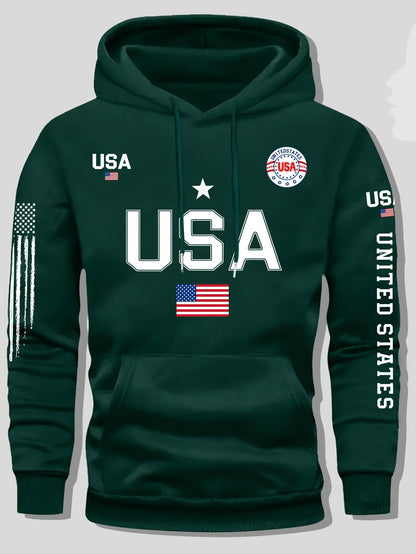 Men'S Fleece Hoodie with USA Flag Pattern, Unisex Casual Pullover with 'United States' Lettering, Suitable for Students And Couples, Stylish Sweatshirt for Autumn And Winter, 2025 Spring Pullover Sports Hoodie, Knit