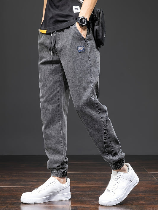 Solid color denim cropped pants, casual blend, elastic fabric, no waistband, washed treatment, rope closure, regular style, youth fashion, suitable for all seasons