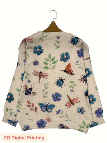Women'S Lightweight Sweater - 2D Digital Printing-All-Over Floral & Insect Print in Beige/Red/Blue/Black/White/Gray/ - Soft Everyday Pullover for Fall/Winter - Casual Chic Sweater for Everyday & Formal Outfits - Women'S Sweater, Ladies Sweaters,