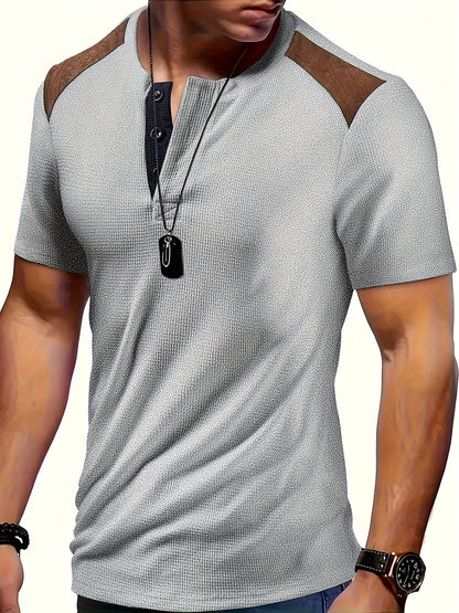Men'S Waffle Texture Two-Tone Henley Shirt - Casual Summer Short Sleeve, Round Neck, Non-Stretch Fabric