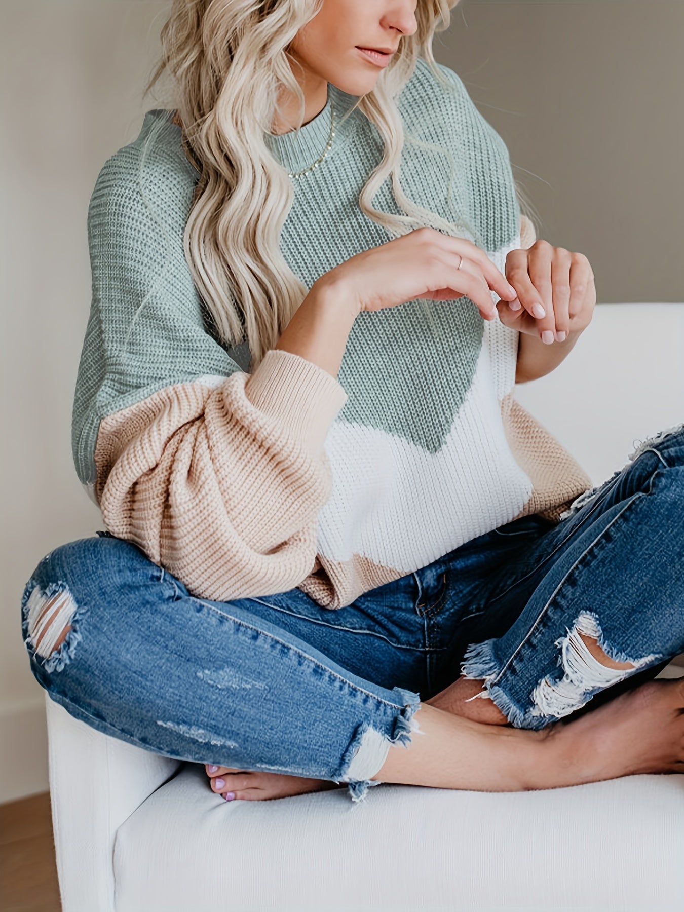 [Soft Pullover Sweater] Soft Polyester Pullover Sweater for Women | Casual Color Block Design with Teal, White, and Black Ribbed Sleeves - Crew Neck, Drop Shoulder, Long Sleeve - Perfect for Fall/Winter