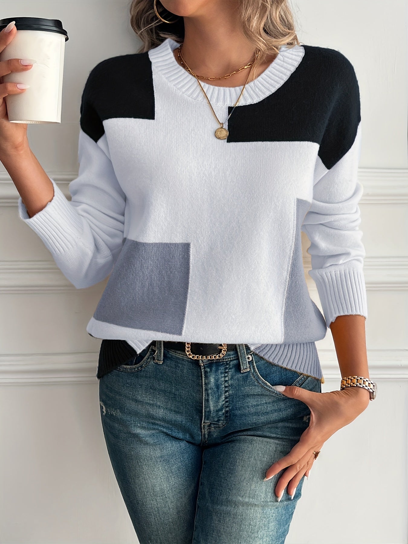 [Soft Sweater] Soft Women's Color-Block Round Neck Sweater | Relaxed Drop Shoulder Long Sleeve Pullover, Easy-Care Hand Wash/Dry Clean, Everyday Comfort Wear, Drop Shoulder Style, Quality Craftsmanship, Spring Fashion, Chic Knitwear, Lightweight