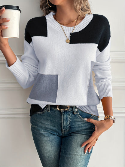 [Soft Sweater] Soft Women's Color-Block Round Neck Sweater | Relaxed Drop Shoulder Long Sleeve Pullover, Easy-Care Hand Wash/Dry Clean, Everyday Comfort Wear, Drop Shoulder Style, Quality Craftsmanship, Spring Fashion, Chic Knitwear, Lightweight
