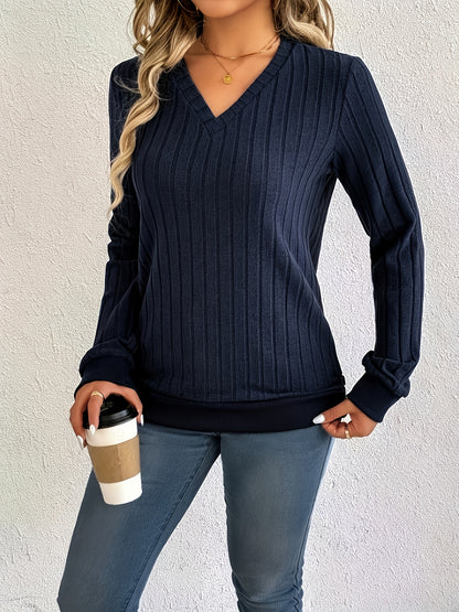 [Cozy Ribbed V-Neck Sweater] Cozy Olive Green Ribbed V-Neck Sweater - Women's Loose Fit, Casual Style, Perfect for Fall/Winter