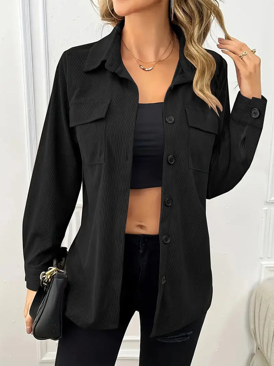 Solid Corduroy Jacket Button Front Flap