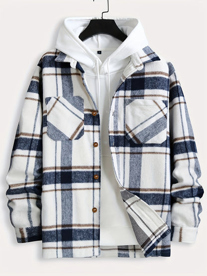 Men's Classic Black & White Plaid Lapel Collar Button-Front Jacket with Chest Pocket - Casual Semi-Formal Coat for Spring/Fall, Versatile Everyday & Semi-Formal Wear, Easy-Care Traditional Outerwear (Hand Wash/Dry Clean)