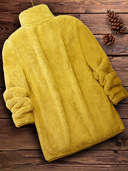 [Long Sleeve Winter Teddy Coat] Zip Up Solid Teddy Coat, Casual Long Sleeve Winter Outerwear, Women's Clothing
