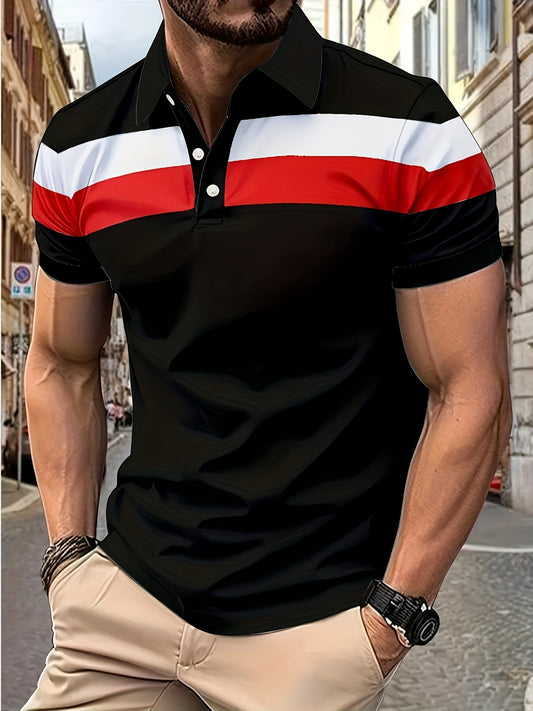 Casual Men's Color Block Short Sleeve Comfy Lapel Shirt For Golf Sports, Summer Men's Clothing