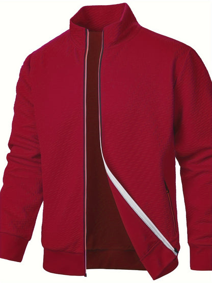 Men's Casual Zip Up Jacquard Jacket, Chic Stand Collar Coat for Spring Fall, Autumn And Winter, Hoodie Top