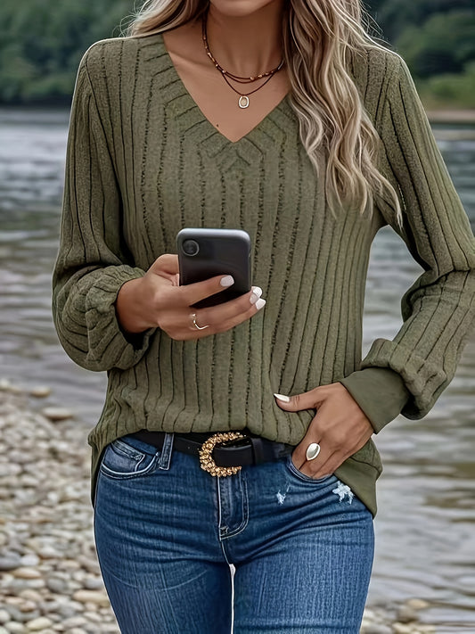 [Cozy Ribbed V-Neck Sweater] Cozy Olive Green Ribbed V-Neck Sweater - Women's Loose Fit, Casual Style, Perfect for Fall/Winter