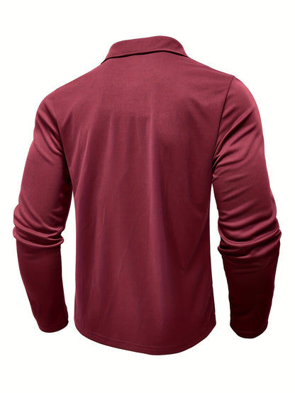 2024 Fall Casual Men'S Long Sleeve Polo Shirt with Color Block Design, Polyester Knit Fabric, Regular Fit, Half Placket, and Slight Stretch