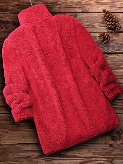 [Long Sleeve Winter Teddy Coat] Zip Up Solid Teddy Coat, Casual Long Sleeve Winter Outerwear, Women's Clothing
