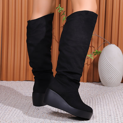 Timeless Black Faux Suede Knee-High Boots with Wedge