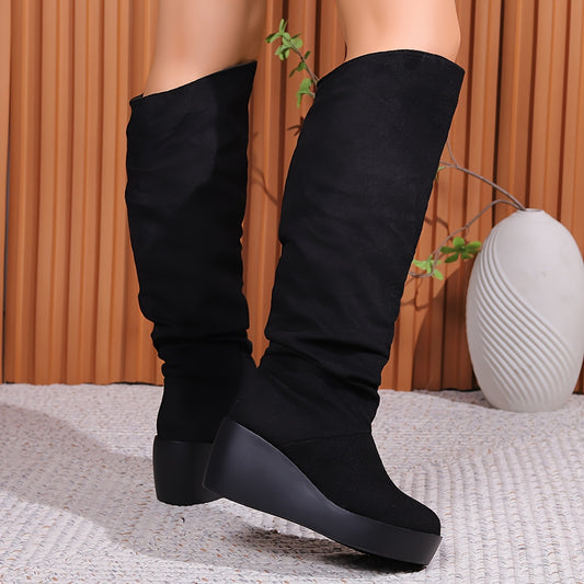 Timeless Black Faux Suede Knee-High Boots with Wedge