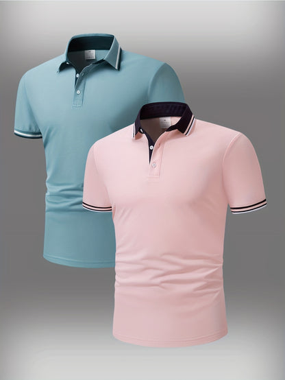 2pcs Men's Short-Sleeve Shirts with Contrast Collars - Lightweight Polyester, Pastel Blue & Pink, Turn- Collar, Button Closure, Regular Fit, Casual & Business-Casual Wear, Ideal for Summer or Gifting, Short Sleeve Tops
