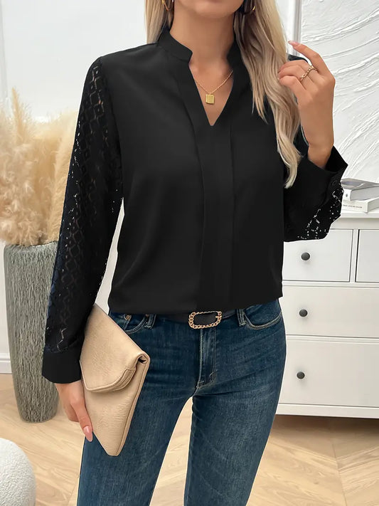 Solid Polyester Blouse Lace Splicing Notched