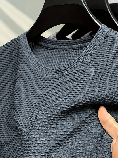 Men's Solid Color Waffle Knit T-Shirt - Breathable Stretch Fabric, Moisture-Wicking Round Neck Short Sleeve Tee for Summer Outdoor Sports & Casual Wear