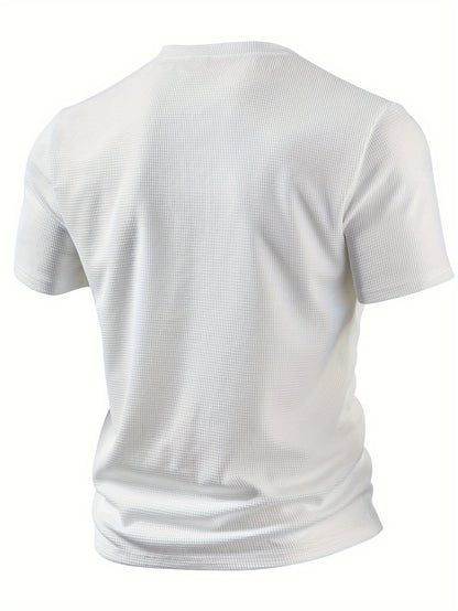 Men'S Waffle Texture Two-Tone Henley Shirt - Casual Summer Short Sleeve, Round Neck, Non-Stretch Fabric