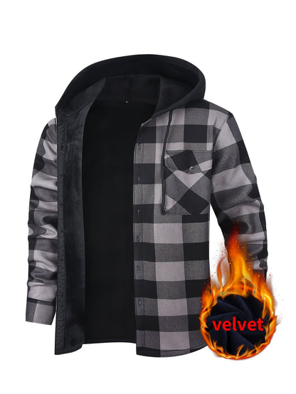 Men's Fleece-Lined Hoodie - Casual & Sporty, Plaid Pullover with Button Detail, Long Sleeve, Loose Fit for Fall/Winter