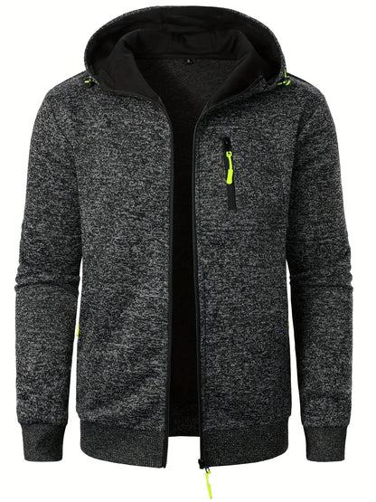 Men's Autumn Winter Casual Plush Hooded Sweater - Soft Knit Zipper Front with Neon Accents, Regular Fit Long Sleeve Pullover for Cold Weather, Sweater Hoodie, Ribbed Detailing