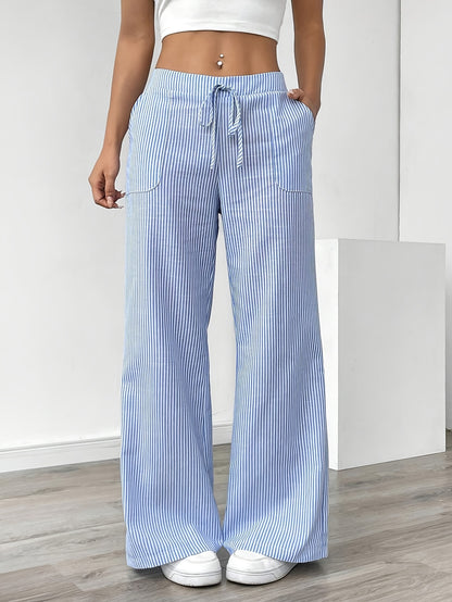 Slant Pockets Wide Leg Pants, Casual Striped Print Loose Drawstring Waist Pants For Spring & Summer, Women's Clothing