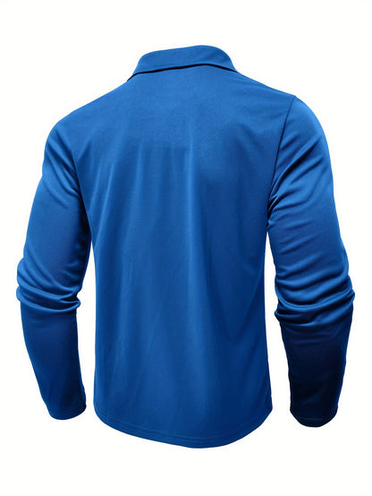 2024 Fall Casual Men'S Long Sleeve Polo Shirt with Color Block Design, Polyester Knit Fabric, Regular Fit, Half Placket, and Slight Stretch