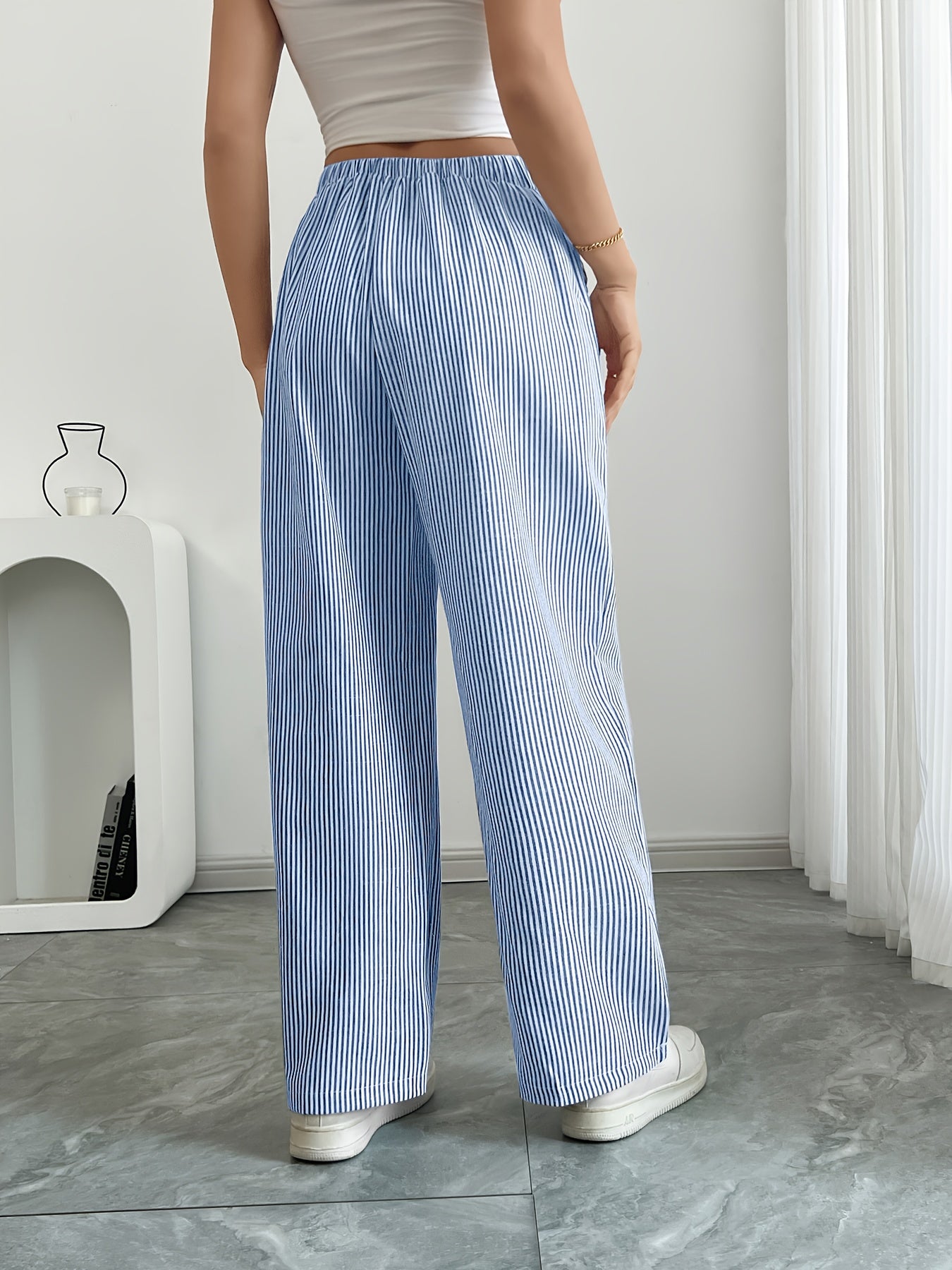 Slant Pockets Wide Leg Pants, Casual Striped Print Loose Drawstring Waist Pants For Spring & Summer, Women's Clothing