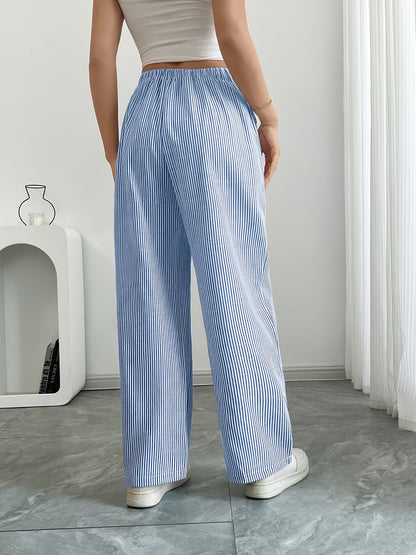 Slant Pockets Wide Leg Pants, Casual Striped Print Loose Drawstring Waist Pants For Spring & Summer, Women's Clothing