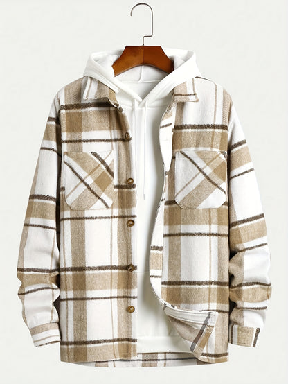 Big Plaid Pattern Men's Retro Casual Long Sleeve Lapel Shirt With Pocket Design, Fall Winter Outdoor