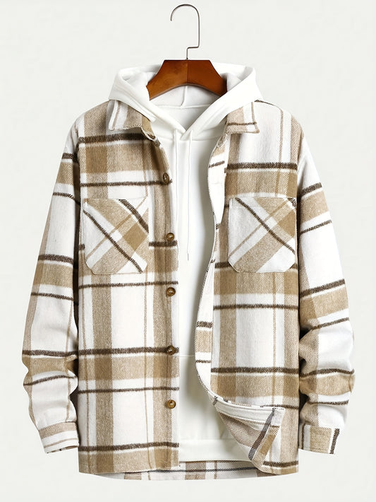 Big Plaid Pattern Men's Retro Casual Long Sleeve Lapel Shirt With Pocket Design, Fall Winter Outdoor