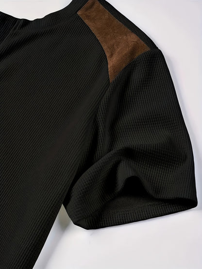 Men'S Waffle Texture Two-Tone Henley Shirt - Casual Summer Short Sleeve, Round Neck, Non-Stretch Fabric