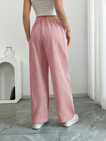 Slant Pockets Wide Leg Pants, Casual Striped Print Loose Drawstring Waist Pants For Spring & Summer, Women's Clothing