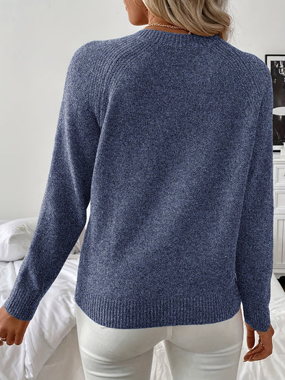 [Elegant Sweater] Women's Elegant Solid Color Long Sleeve Sweater | Round Neck, Machine Washable, Soft Fabric, Button Detailing | Spring Summer Fall Essential, Versatile Casual to Formal Wear