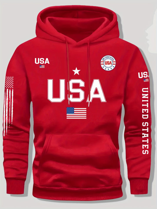 Men'S Fleece Hoodie with USA Flag Pattern, Unisex Casual Pullover with 'United States' Lettering, Suitable for Students And Couples, Stylish Sweatshirt for Autumn And Winter, 2025 Spring Pullover Sports Hoodie, Knit