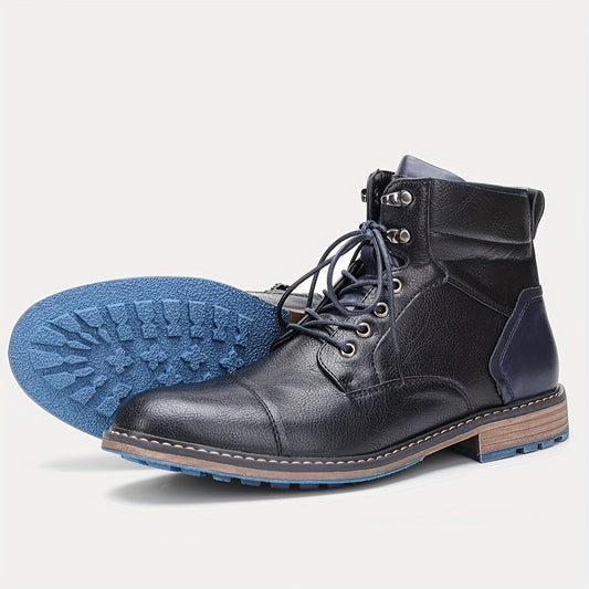 Men'S Boots in Brown with PU Patchwork Upper, Side Zipper, And Two-Tone Rubber Sole.