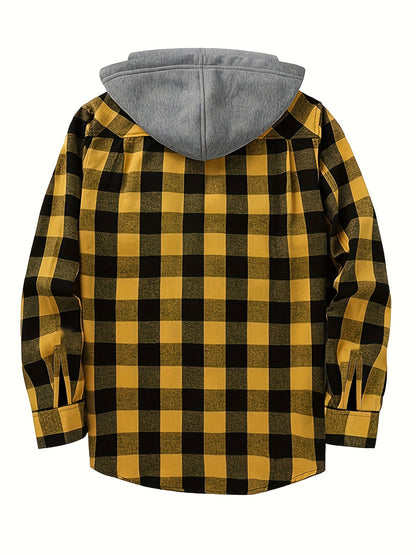 Men's Casual Plaid Hoodie Shirt - Long Sleeve Button-Up with Drawstring Hood, Red & Yellow Gingham Print, Polyester Blend, Comfortable and Stylish for Casual Attire, Essential Hoodie