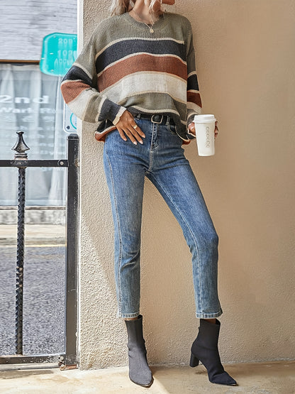 Women'S Color Block Striped Pullover Sweater - Cozy Long Sleeve Crew Neck, Loose Fit, Fall/Winter Casual Top with Green, Brown, and Beige Stripes, Casual Winter Wear | Relaxed Fit Top | Construction, Sweater Dress, Fall Clothe For Women, Fall Sw