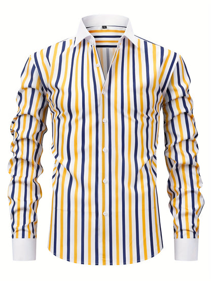 Men'S Elegant Striped Long Sleeve Button-Up Shirt - Red & White, Stretchy Polyester Blend, Fitted Design, Perfect for Business or Casual Wear, Gift for Me