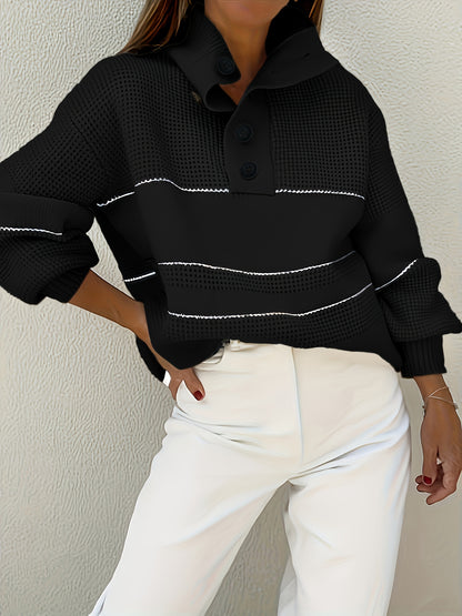[Elegant Turtleneck Sweater] White Women's Elegant High-Neck Turtleneck Sweater | Thick Long Sleeve Pullover with Black Button Detail & Twist Hem, Soft Fabric, Loose Fit Design for All-Season Casual & Formal Wear