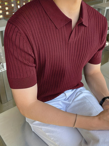 2024 New Men'S Small Hole Short Sleeve Polo Shirt Knitted Sweater - Beige, Medium Stretch, Solid Color, Regular Fit, All-Season Casual Wear, Casual Wear Sweater|Minimalist Style|Knit Construction, Sweater Vest
