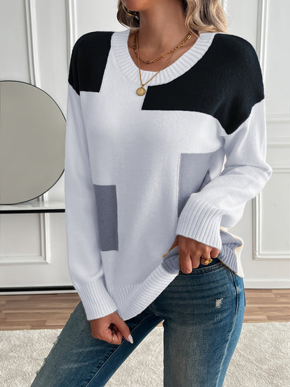 [Soft Sweater] Soft Women's Color-Block Round Neck Sweater | Relaxed Drop Shoulder Long Sleeve Pullover, Easy-Care Hand Wash/Dry Clean, Everyday Comfort Wear, Drop Shoulder Style, Quality Craftsmanship, Spring Fashion, Chic Knitwear, Lightweight